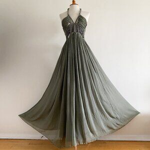 Sass & Bide Sage Green Silk Maxi Dress Macrame Cut Out Halter Backless XS